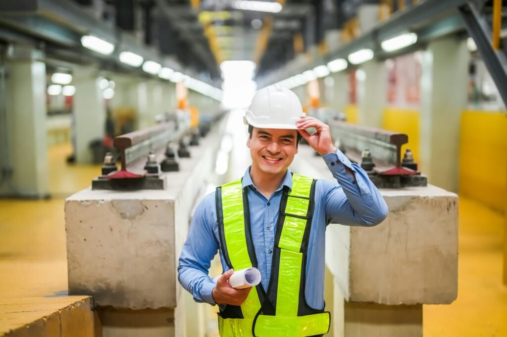 Portrait of engineer and apprentice in workshop of railway engineering facility